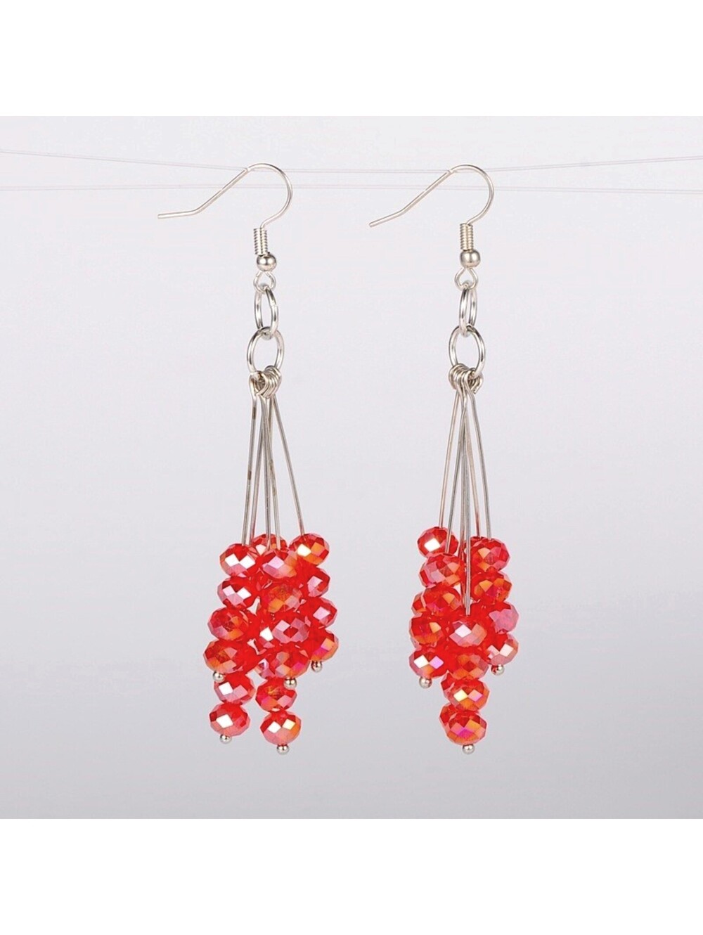 Red Faceted Austrian Crystal Multi Stacked Rondelle Drops Long Earrings
